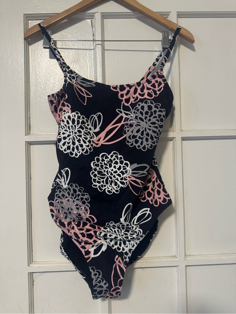 Garnet Hill Black One-Piece Swimsuit with Pink & White Floral Print